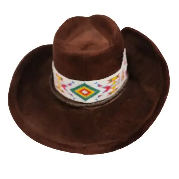 Vintage 80s Cowboy Brown Velour Cowboy Hat Native American Beaded Hatband USA - Picture 6 of 7